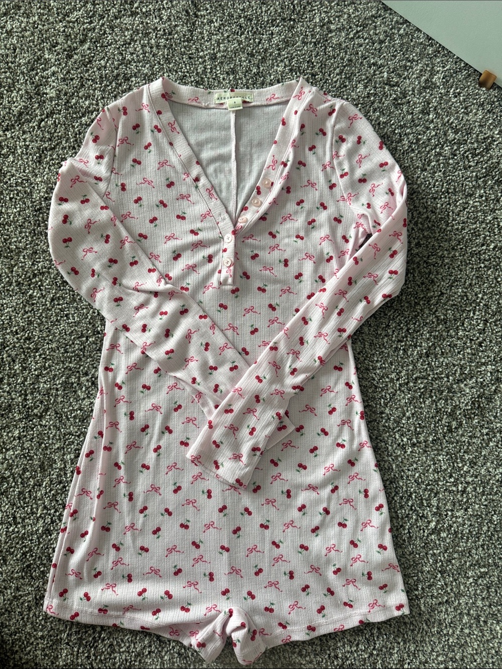 Pink Cherry Print Ribbed Romper
